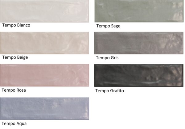 Een afbeelding met zeven glanzende rechthoekige tegels in verschillende kleuren: Tempo Blanco, Tempo Sage, Tempo Beige, Tempo Gris, Tempo Rosa, Tempo Grafito, en Tempo Aqua. | Sanimaster